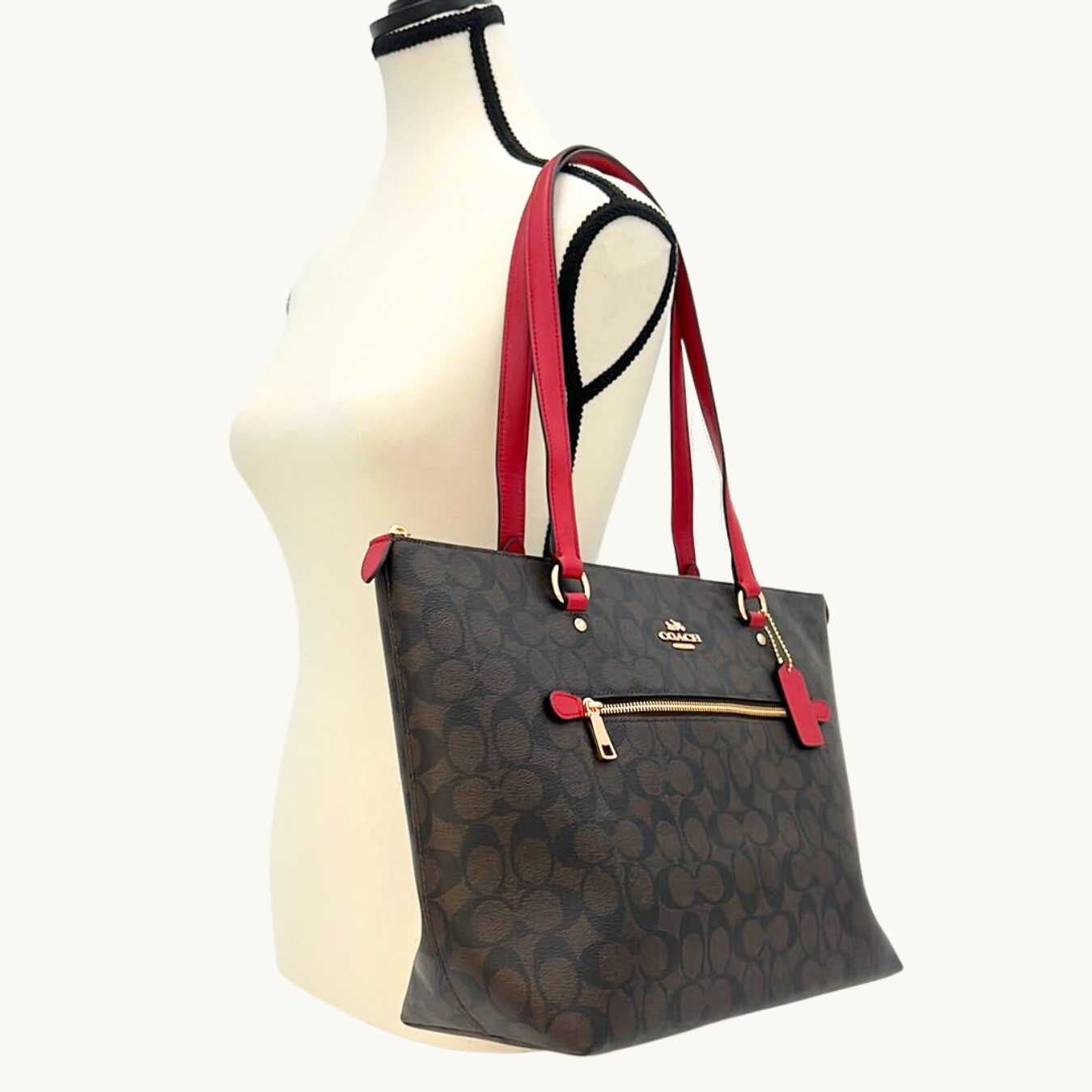 コーチ ギャラリー トートバッグ レディース / GALLERY TOTE IN SIGNATURE CANVAS / ブラウン レッド シグネチャーキャンバス