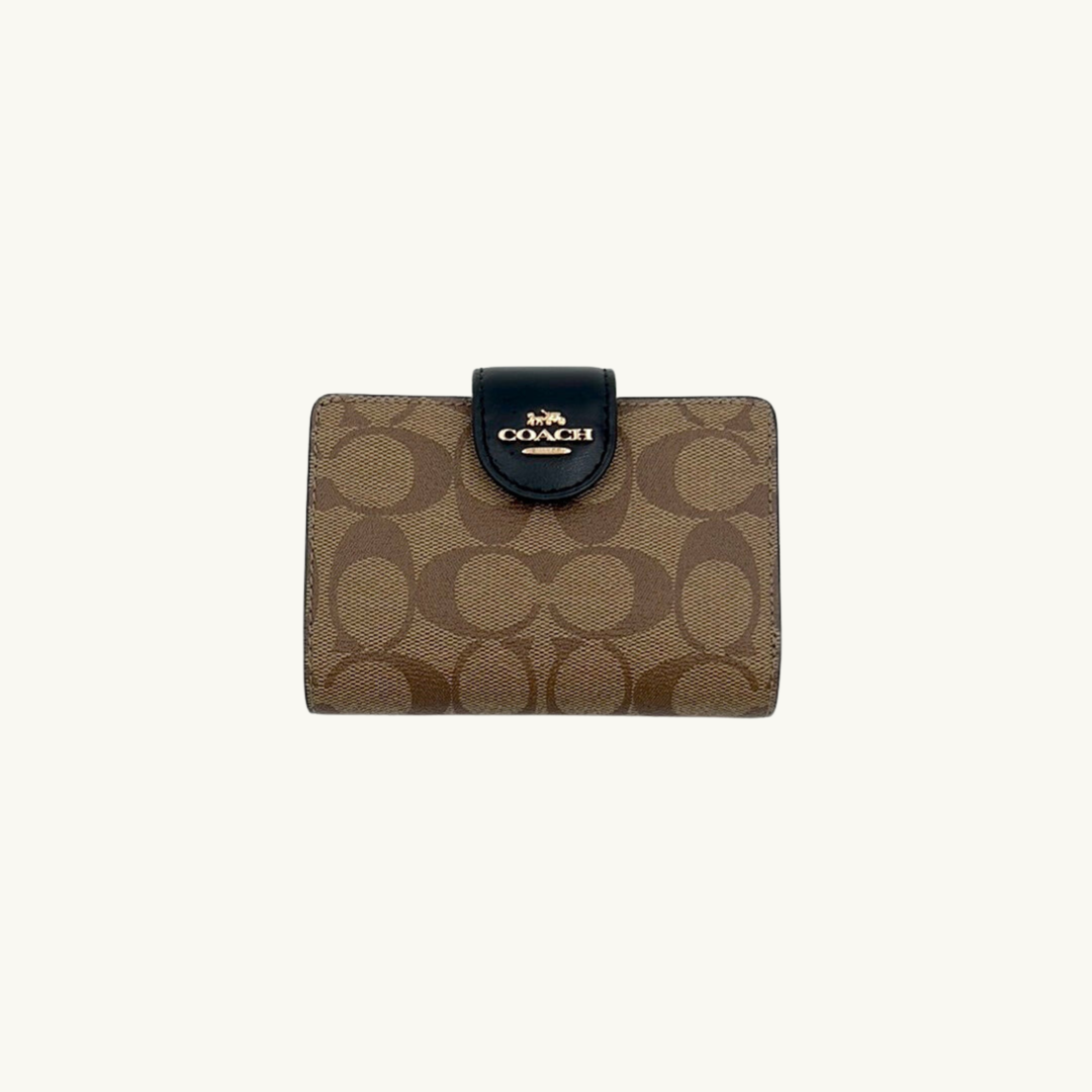 コーチ 二つ折り財布 / MEDIUM CORNER ZIP WALLET IN SIGNATURE CANVAS / カーキ ブラック シグネチャーキャンバス